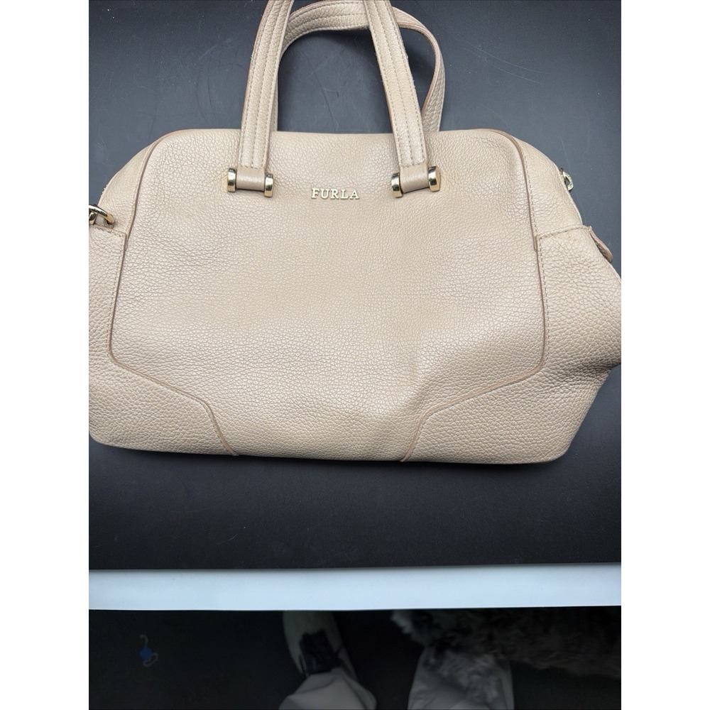 Furla Genuine Leather Satchel Shoulder Bag Taupe Beige Gold Chain Italy